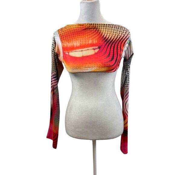 Dolls Kill Jaded London Y2K Lips Print Backless Long Sleeve Top Size 2 - Picture 5 of 13
